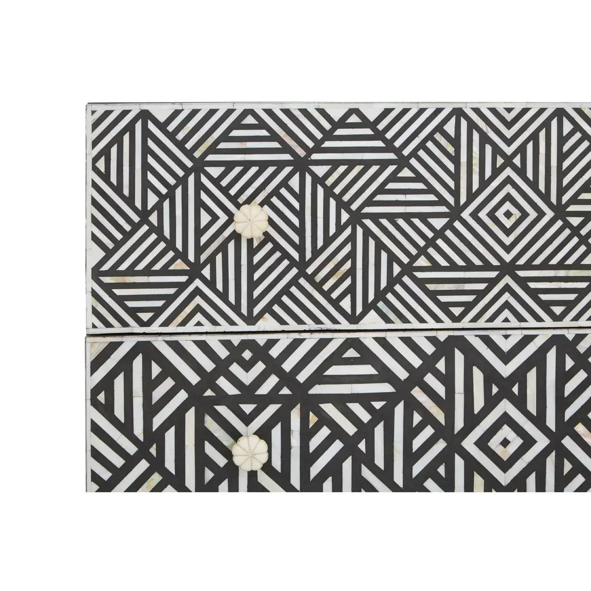 Bone inlay chest of drawers with black and white geometric patterns and round drawer handles