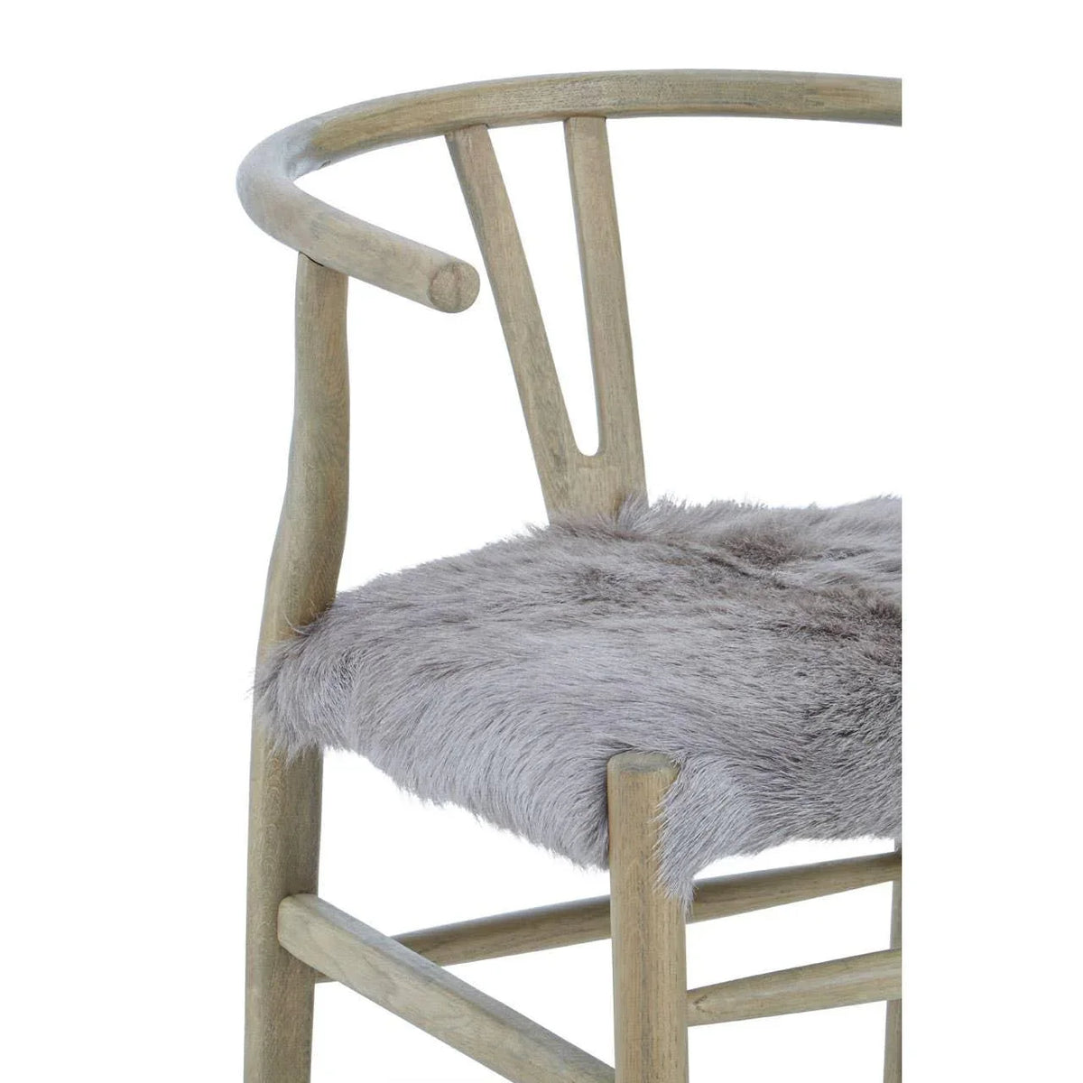 Wooden dining chair with round backrest and grey faux fur seat cover