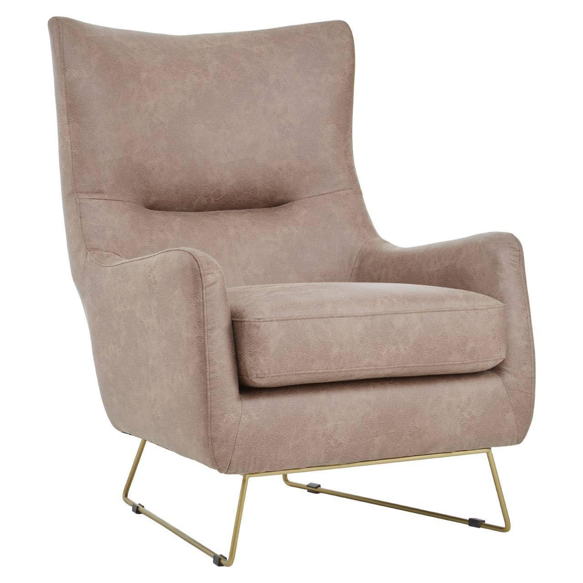 Taupe accent armchair with high back, curved arms and slim gold metal legs