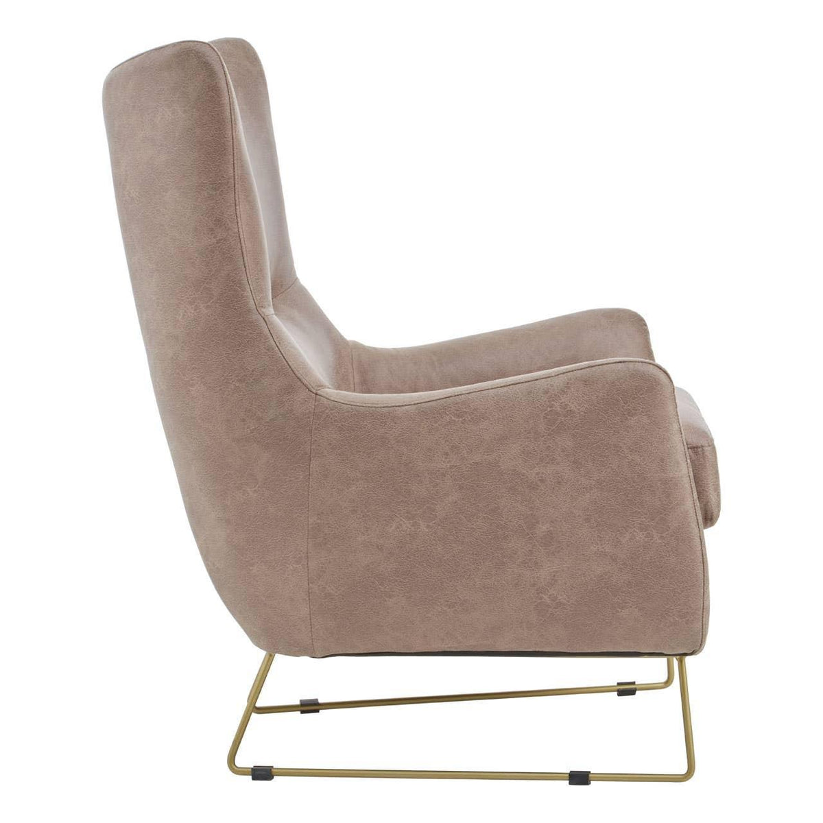 Beige accent chair with high back and gold metal sled base, side view