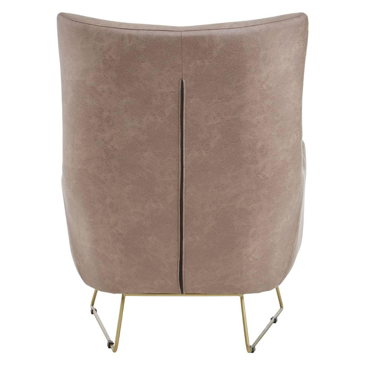Taupe accent chair rear view with gold metal legs and seam detail