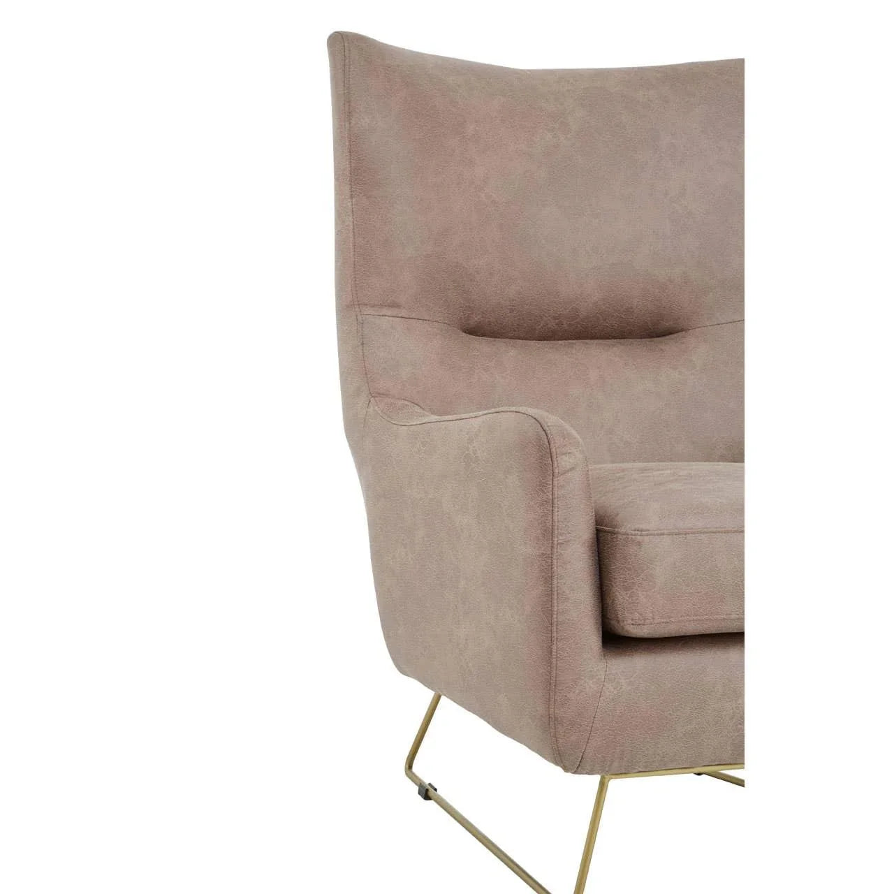 Beige fabric armchair with high back and slim gold metal legs, side angle view
