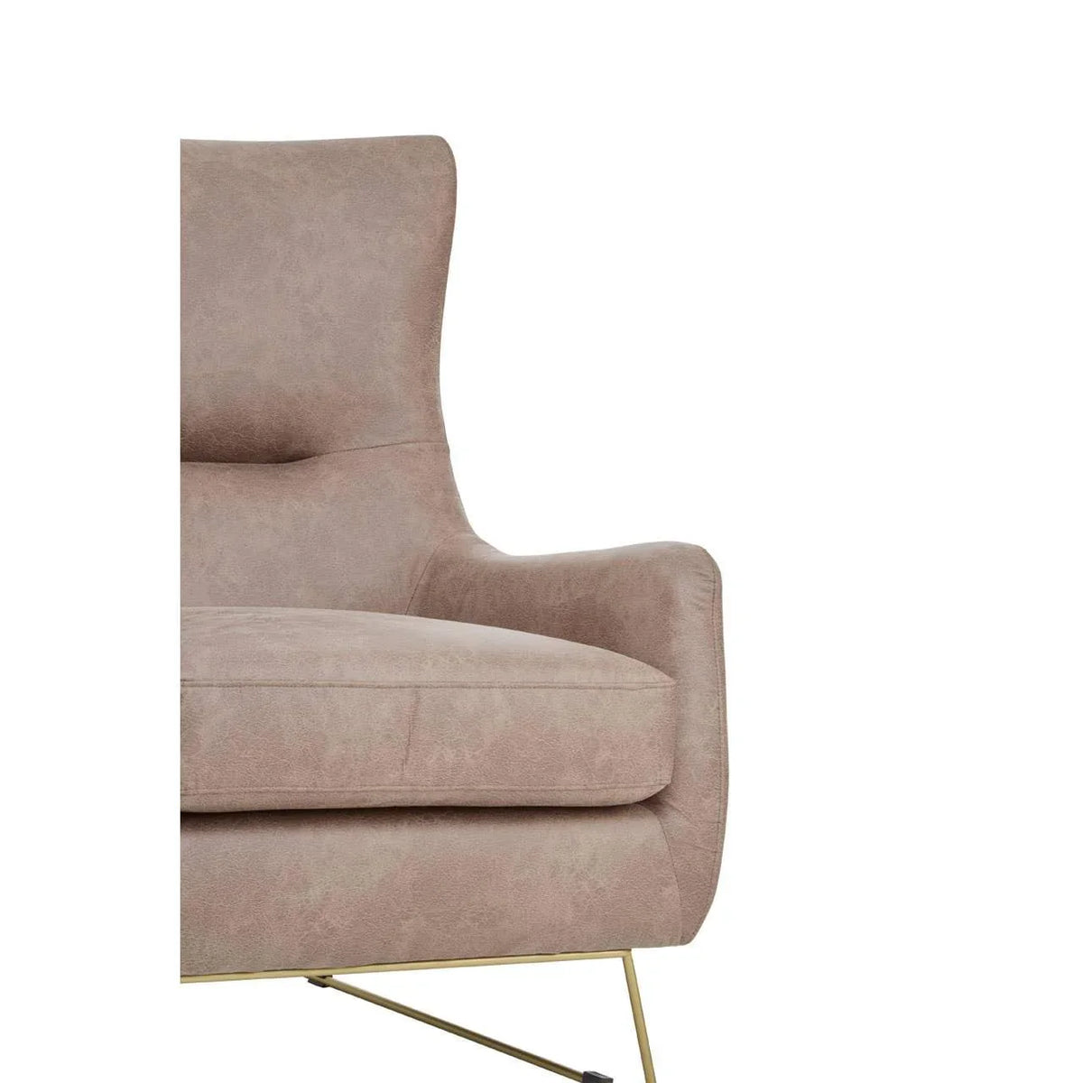 Light brown fabric armchair with gold metal legs, close side view