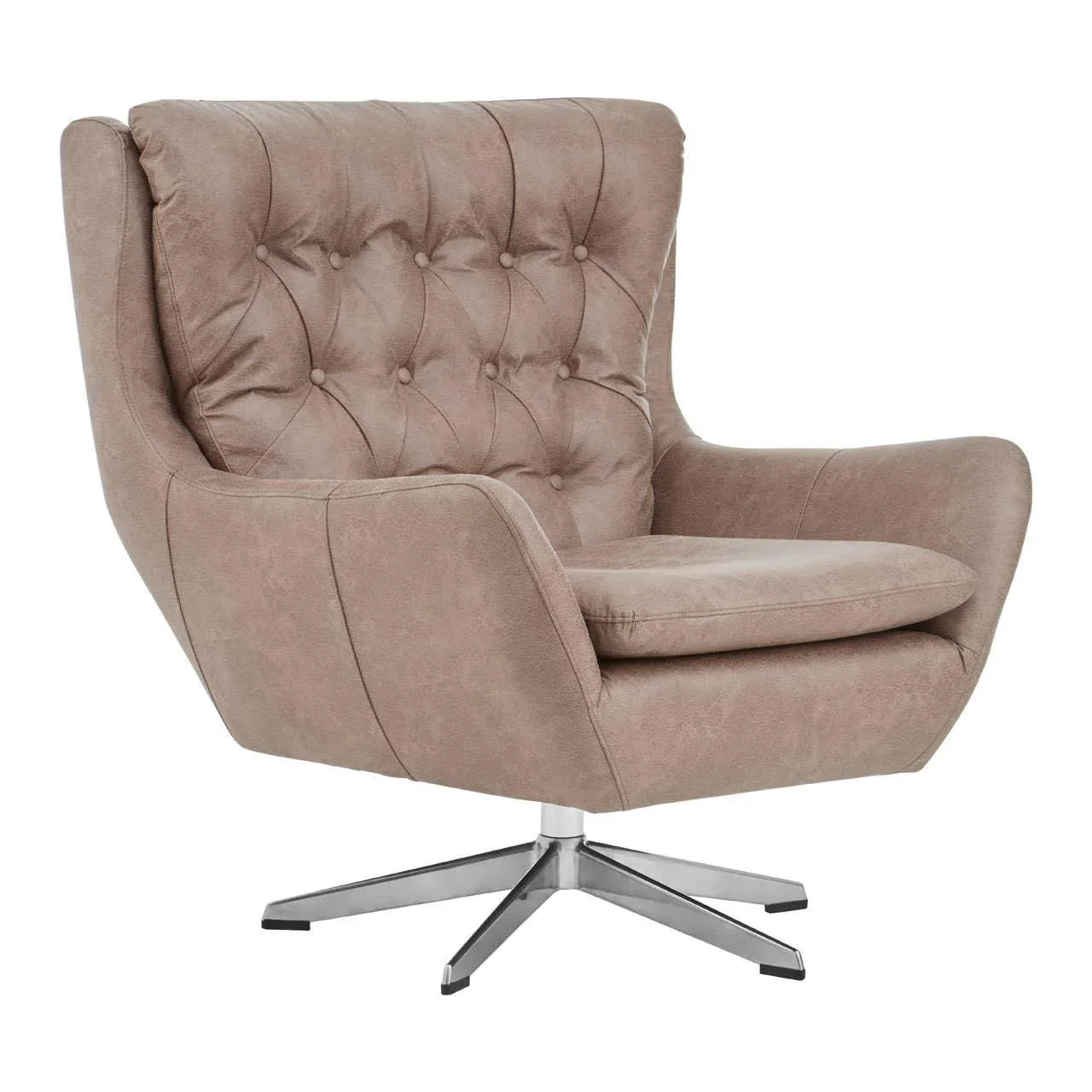 Taupe accent armchair with tufted backrest and metal swivel base