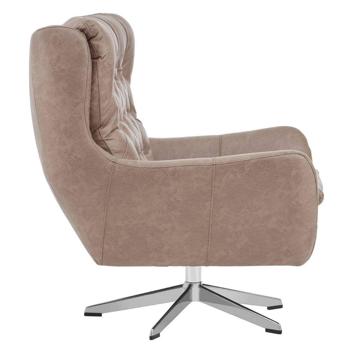 Taupe swivel armchair with tufted backrest and chrome star base, side angle view