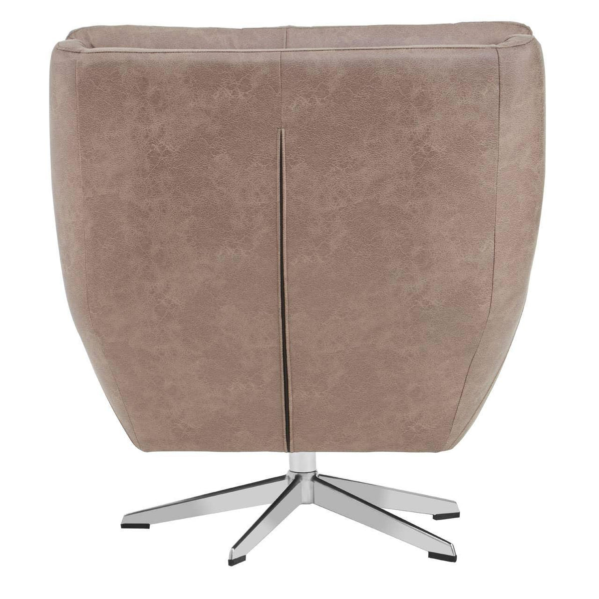 Back view of taupe swivel armchair with metal star base and faux leather upholstery