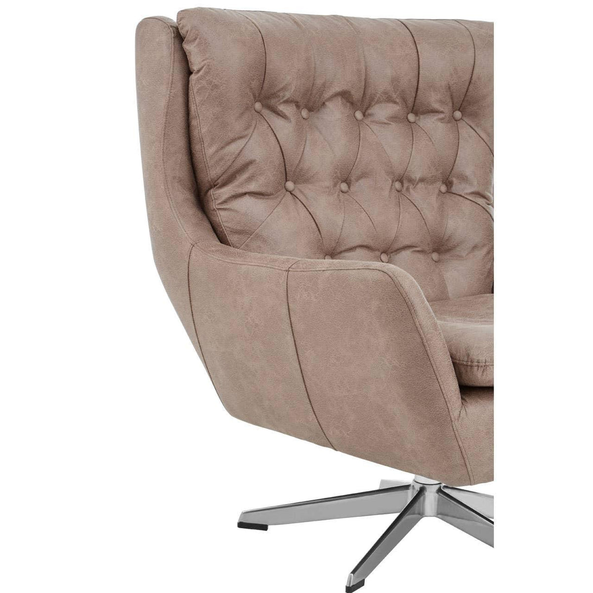 Taupe swivel accent chair with button-tufted back and chrome base, angled view