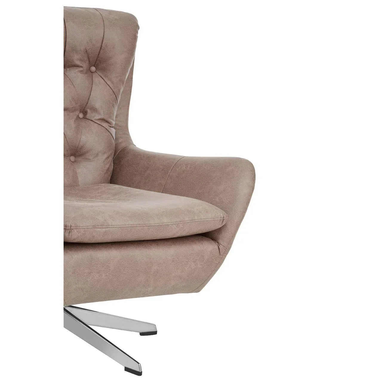 Beige velvet accent chair with button tufted backrest and chrome swivel base