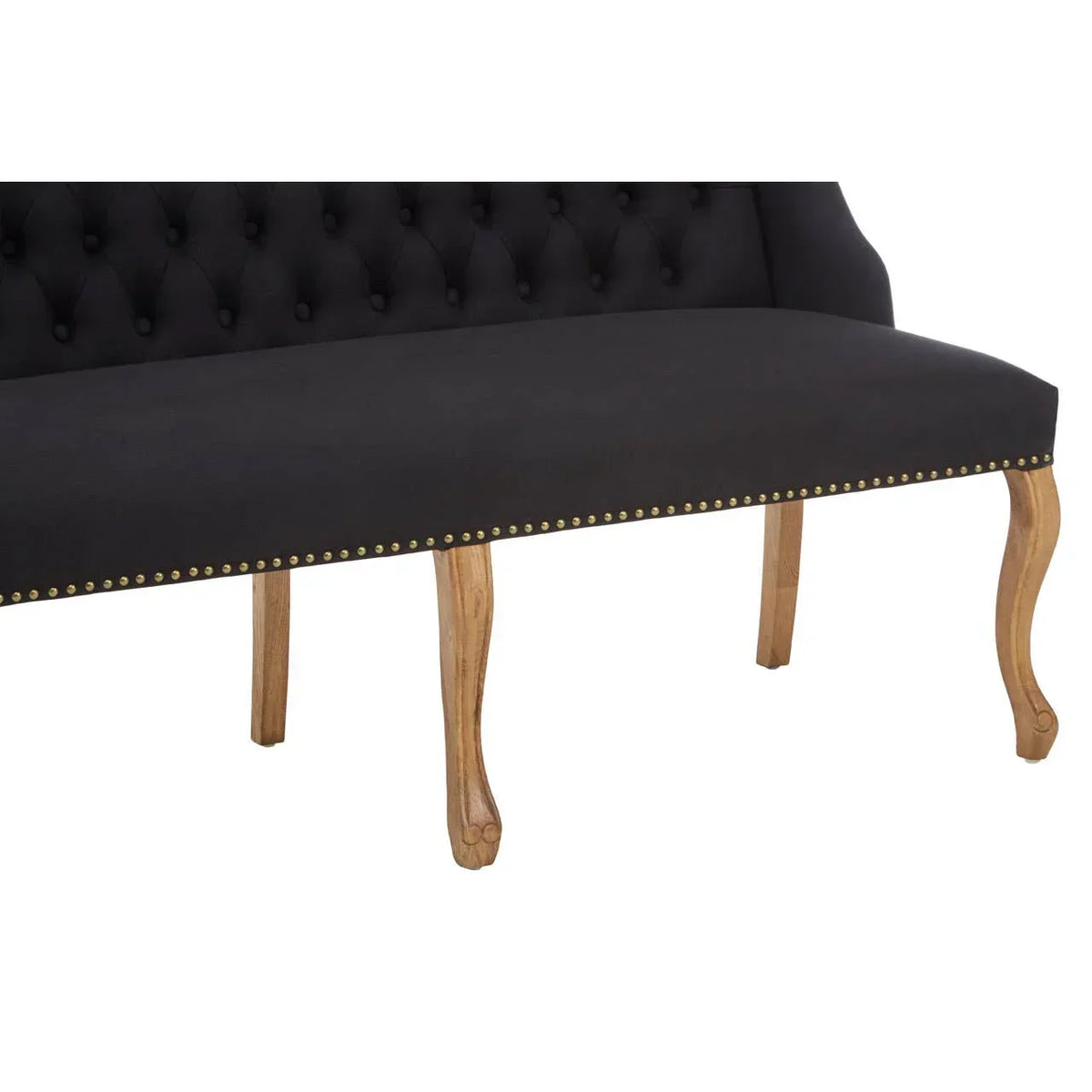 Black upholstered bench with tufted back, brass stud trim, and wooden cabriole legs