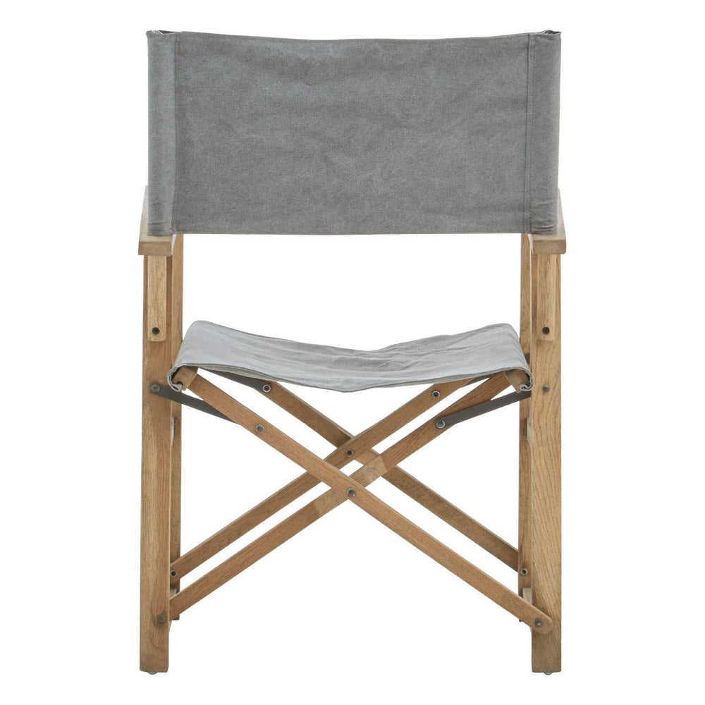 Grey linen director's chair with a simple design, featuring a tall backrest and a seat made of light grey fabric. The chair has a sturdy wooden frame with a natural finish, showcasing crossed legs for stability
