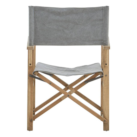 Grey linen director's chair with a simple design, featuring a tall backrest and a seat made of light grey fabric. The chair has a sturdy wooden frame with a natural finish, showcasing crossed legs for stability