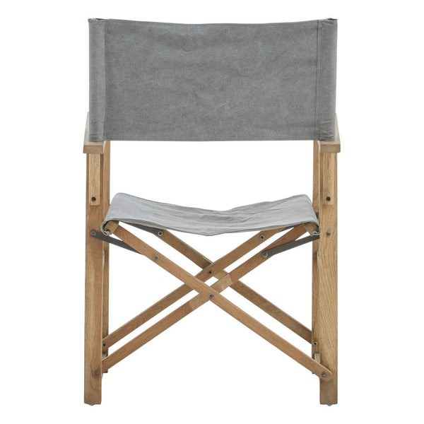 Grey linen director's chair with a simple design, featuring a tall backrest and a seat made of light grey fabric. The chair has a sturdy wooden frame with a natural finish, showcasing crossed legs for stability