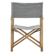 Grey linen director's chair with a simple design, featuring a tall backrest and a seat made of light grey fabric. The chair has a sturdy wooden frame with a natural finish, showcasing crossed legs for stability
