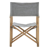 Grey linen director's chair with a simple design, featuring a tall backrest and a seat made of light grey fabric. The chair has a sturdy wooden frame with a natural finish, showcasing crossed legs for stability
