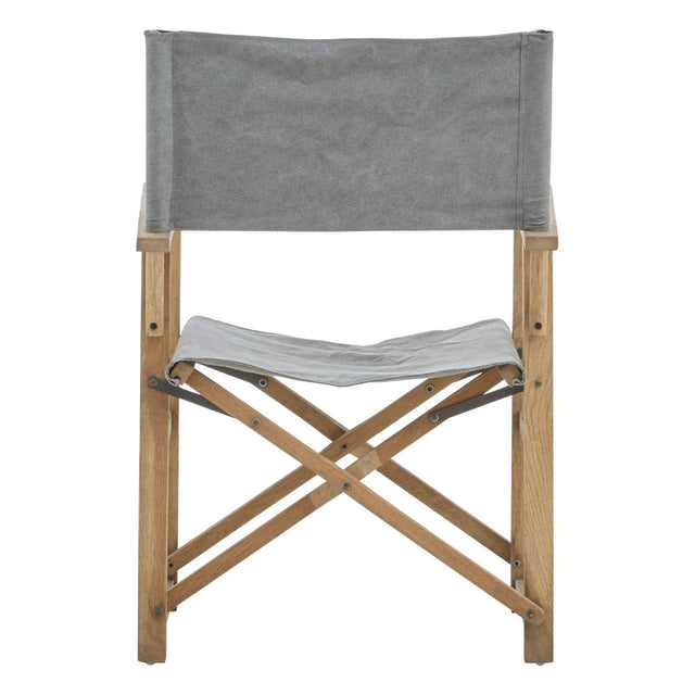 Grey linen director's chair with a simple design, featuring a tall backrest and a seat made of light grey fabric. The chair has a sturdy wooden frame with a natural finish, showcasing crossed legs for stability