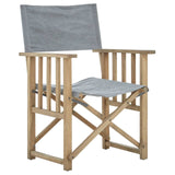 A grey linen director's chair with a wooden frame featuring a natural finish, showcasing a slatted backrest and armrests, designed for both comfort and style