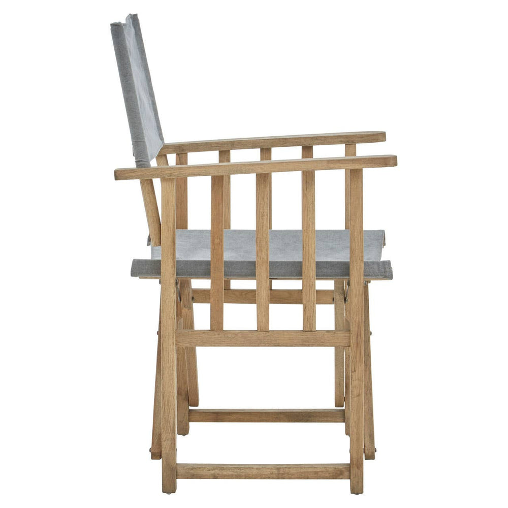 Grey linen directors chair with a wooden frame, featuring a slatted backrest and armrests, positioned at an angle to showcase its profile and sturdy construction