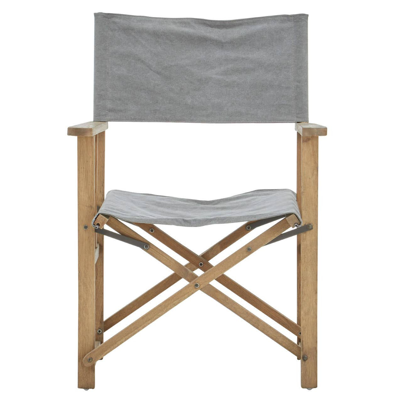 Grey linen director's chair with a simple design, featuring a sturdy wooden frame and crossed legs for stability. The seat and backrest are made of soft grey fabric, providing a modern and stylish look suitable for various home settings