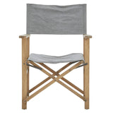Grey linen director's chair with a simple design, featuring a sturdy wooden frame and crossed legs for stability. The seat and backrest are made of soft grey fabric, providing a modern and stylish look suitable for various home settings