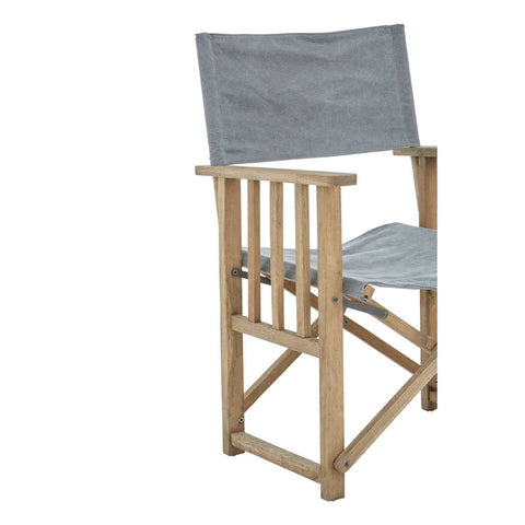 Grey linen directors chair with a wooden frame, featuring a tall backrest and armrests, designed for both comfort and style. The chair is positioned upright, showcasing its clean lines and modern aesthetic