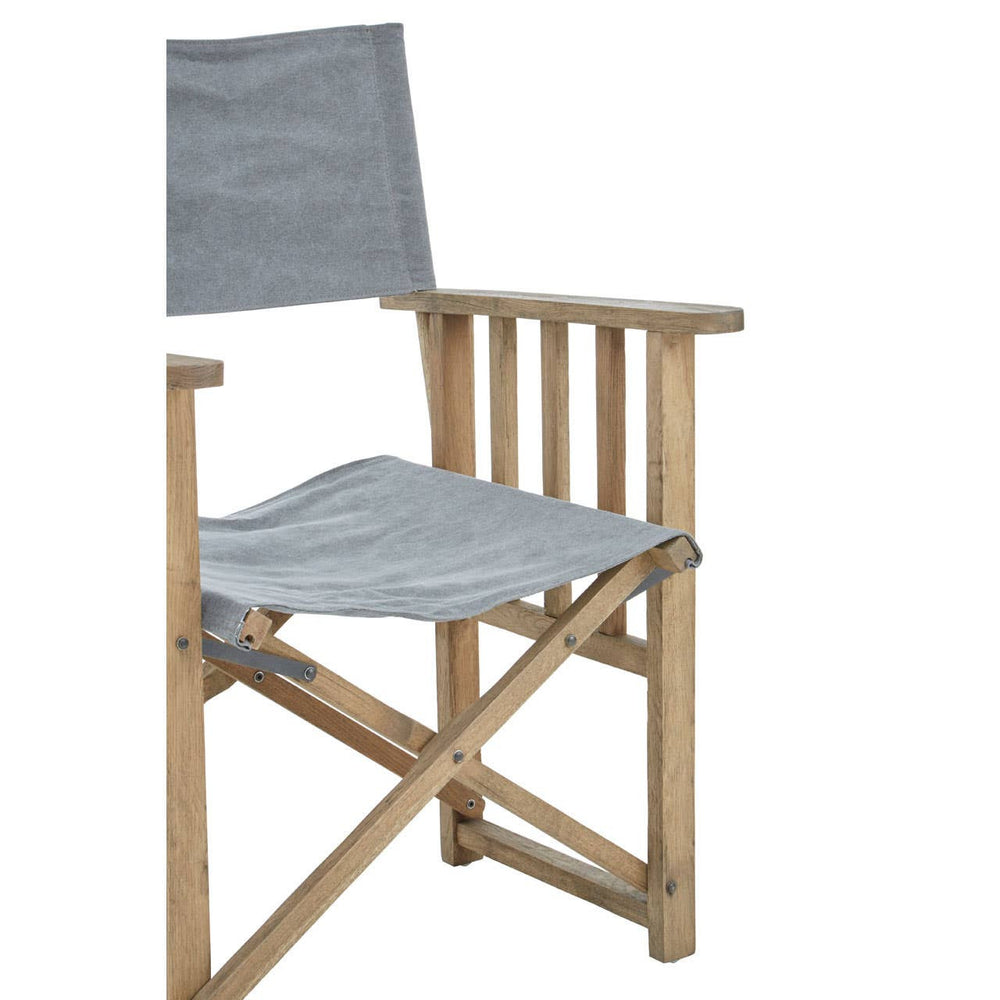 Grey linen director's chair with a wooden frame, featuring a slatted backrest and armrests, positioned in a slightly angled view to showcase its design and structure