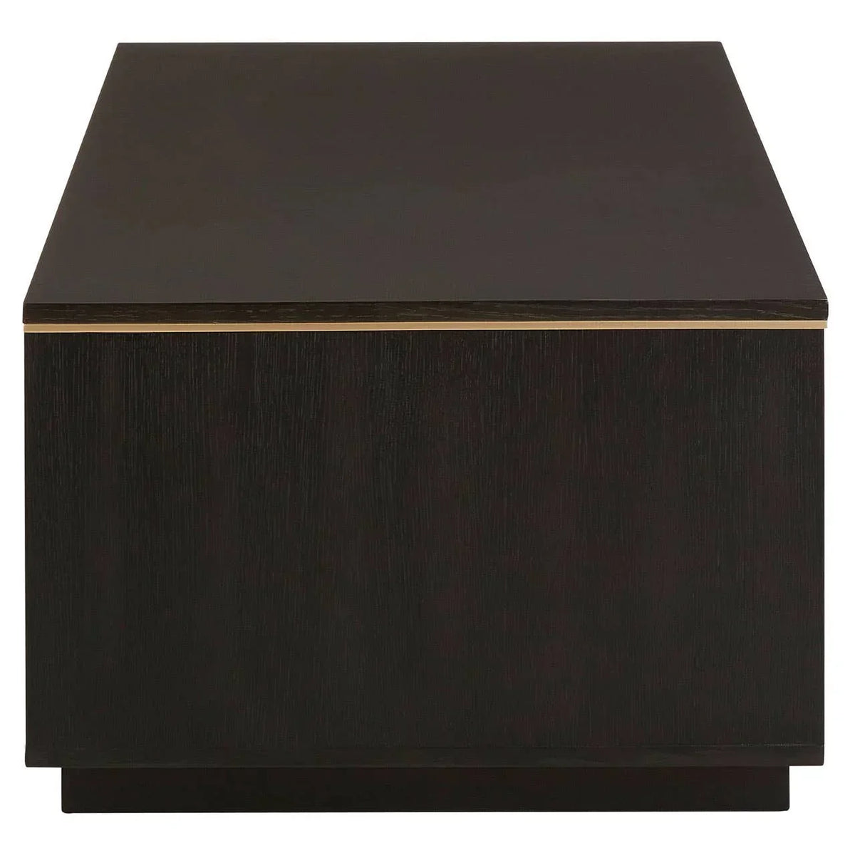 Rectangular black wood coffee table with gold trim, front angle