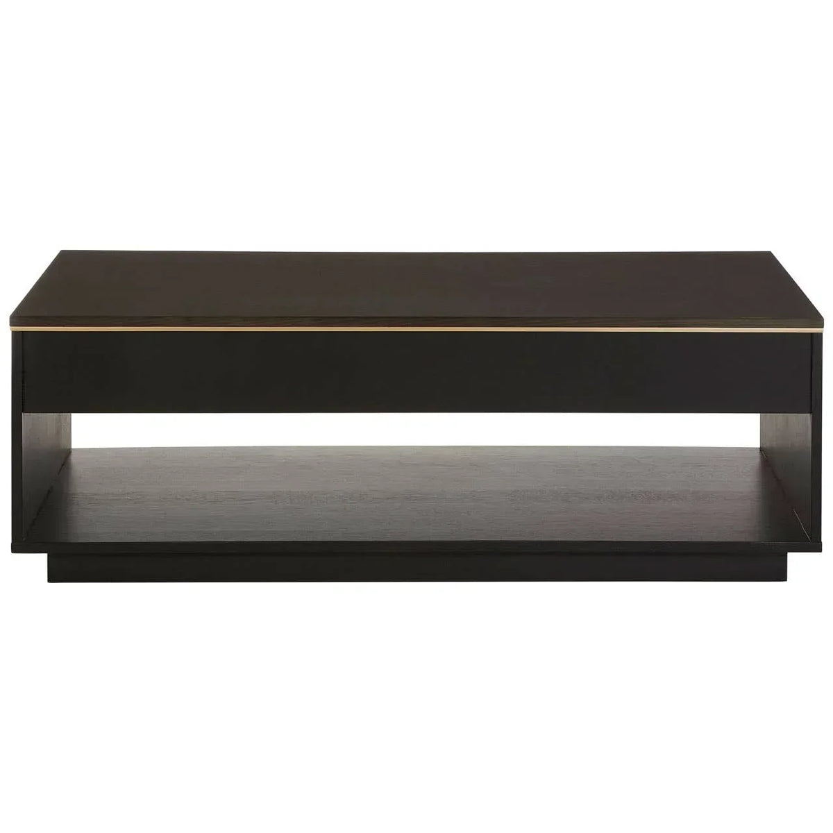 Black wood coffee table with open shelf and gold trim, straight front view