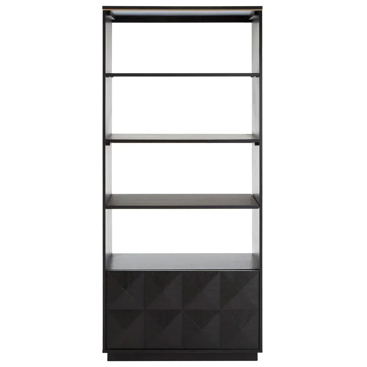 Black wood bookcase with four open shelves and geometric pattern cabinet base