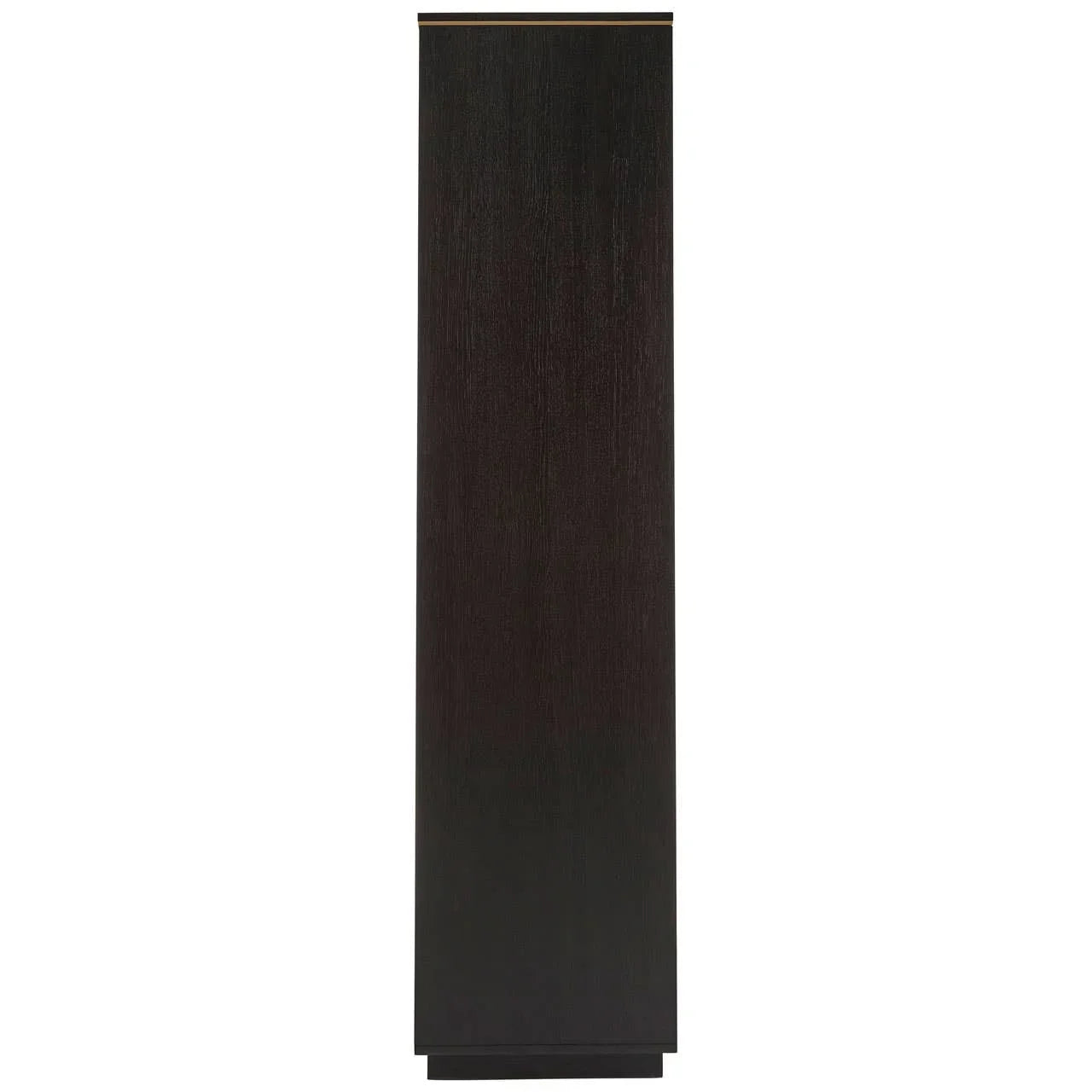Tall black wood cabinet side view with subtle grain pattern and gold accent on top edge