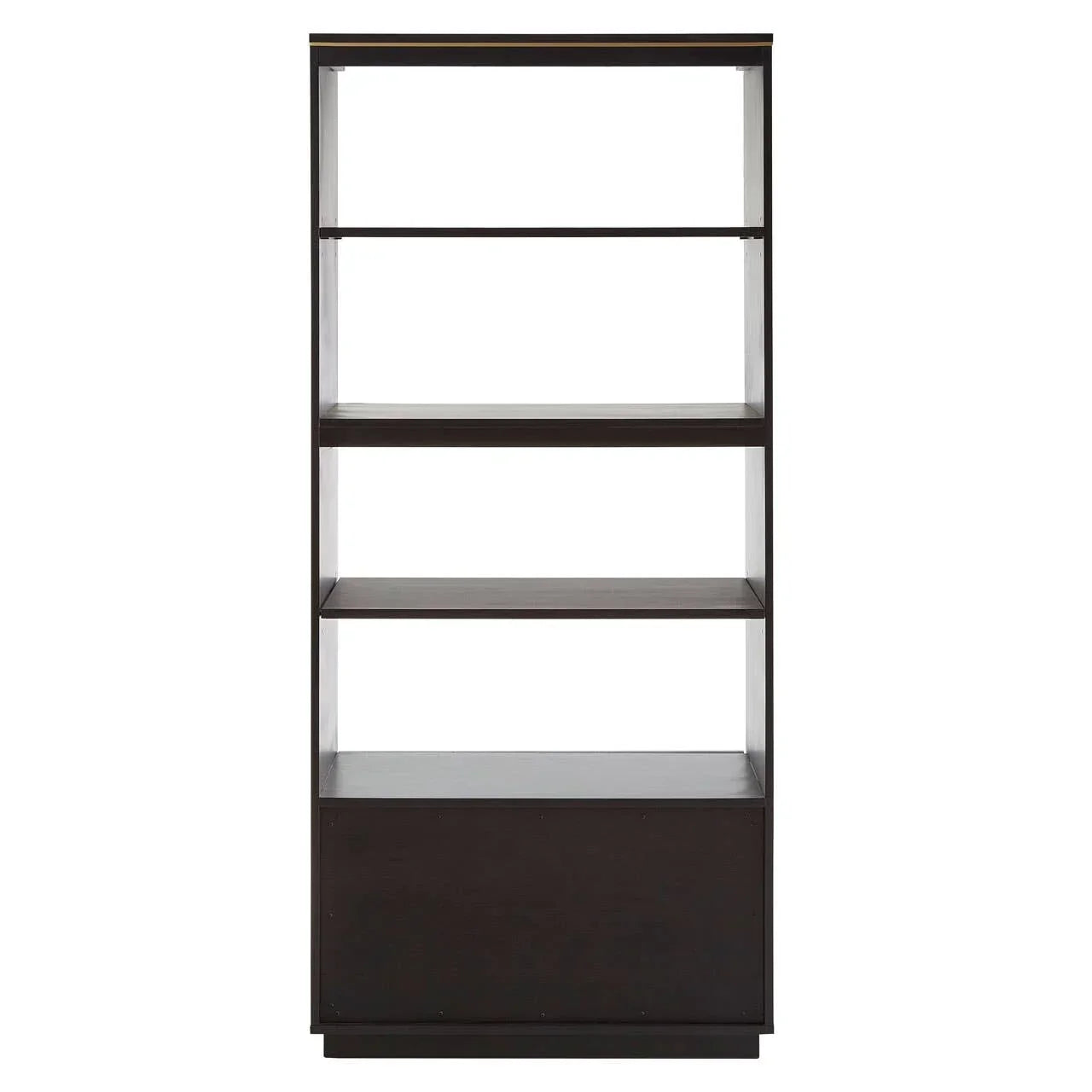 Dark wood bookcase with four open shelves and lower storage compartment, front view