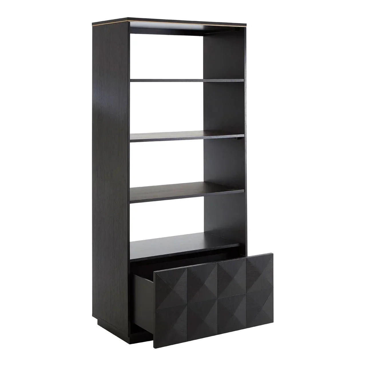 Black bookcase with four open shelves and geometric front drawer, angled view
