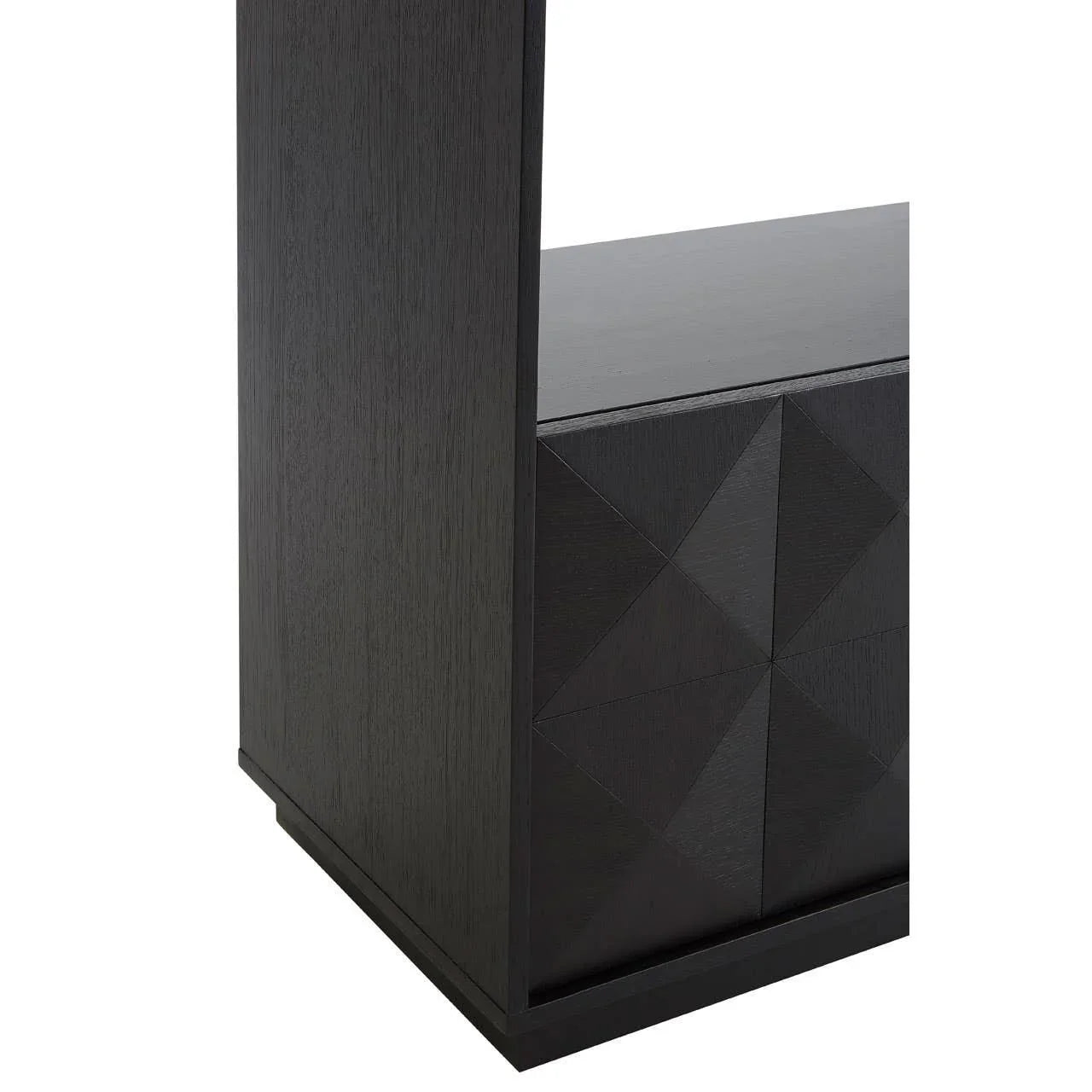 Black wood cabinet close-up with geometric textured panel and modern finish
