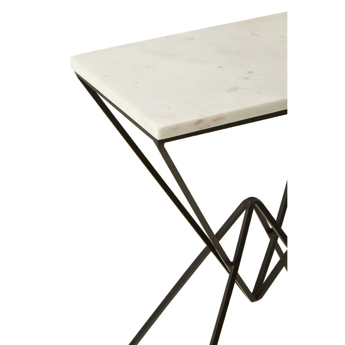 White marble console table with geometric black metal frame, close-up corner view