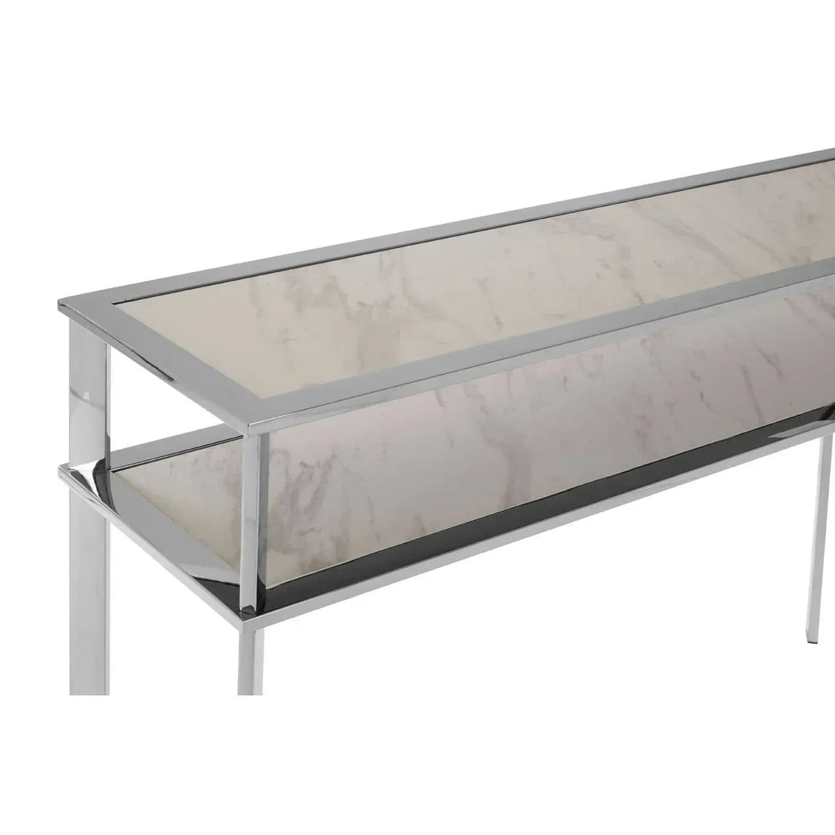 Rectangular marble console table with chrome frame and glossy surface, side angle view