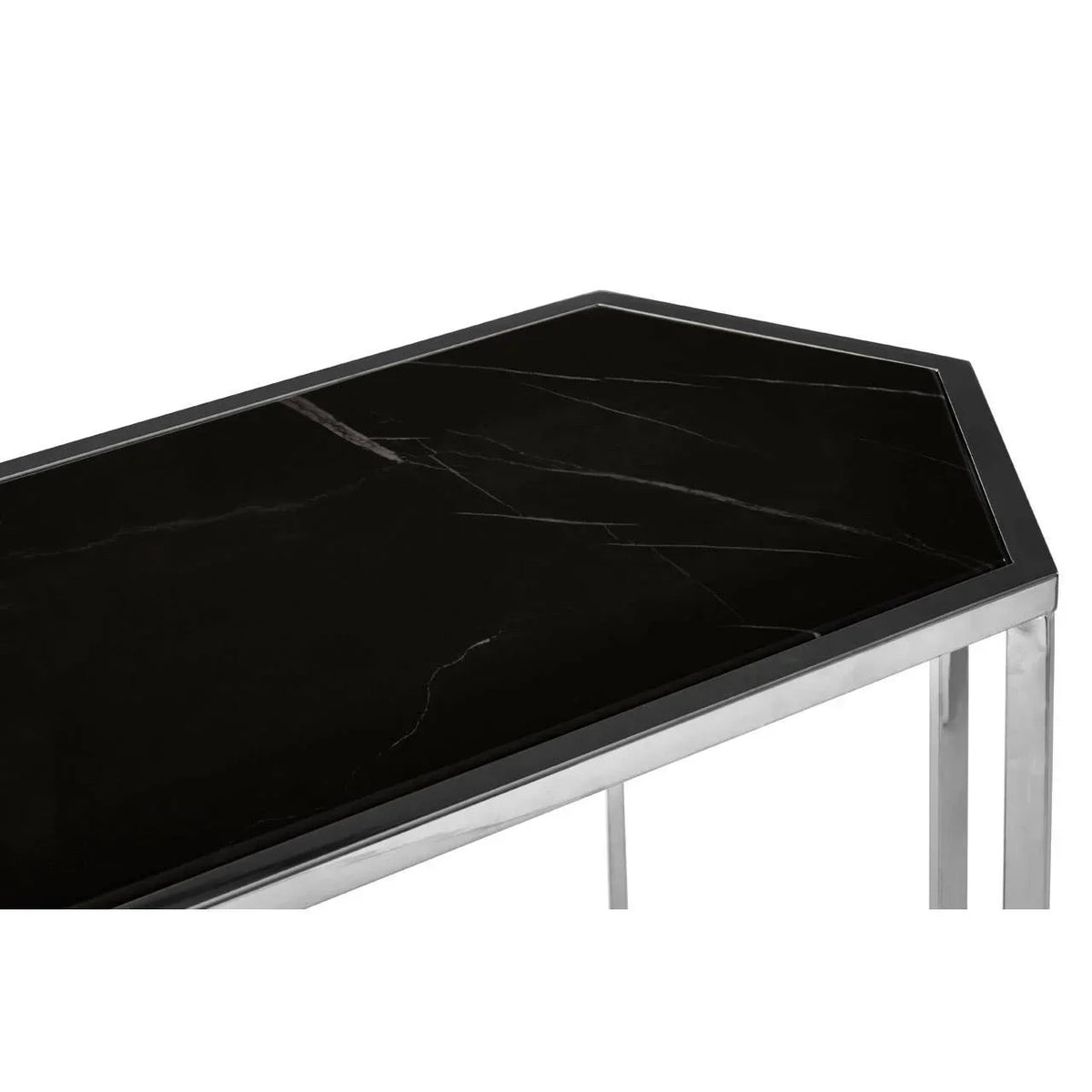 Rectangular black marble top console table with chrome metal frame, close-up view