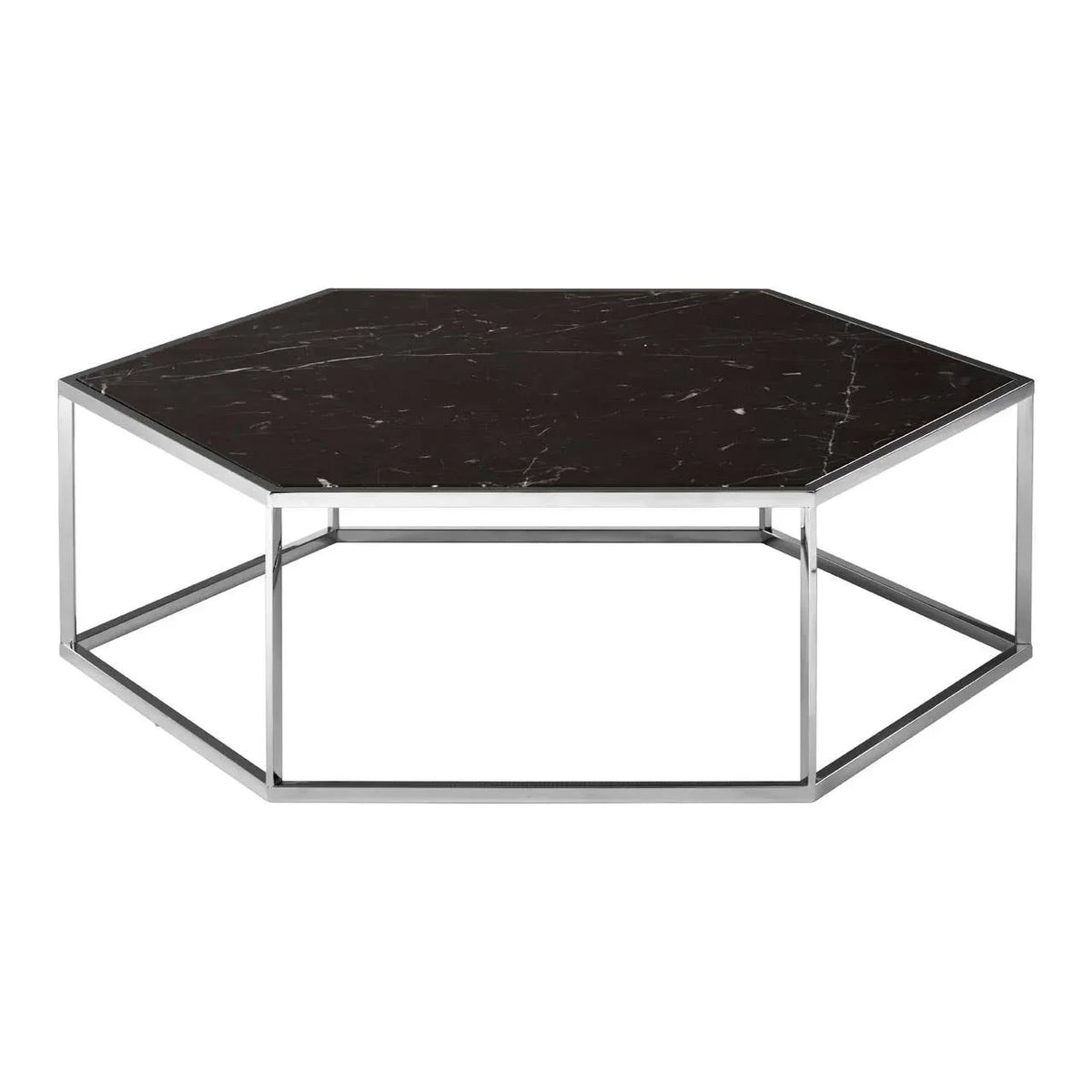 Hexagonal black marble coffee table with metal frame and open geometric base