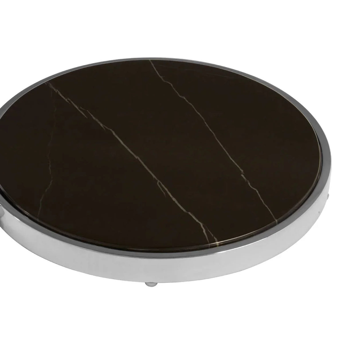 Round black marble coffee table top with silver metal edge