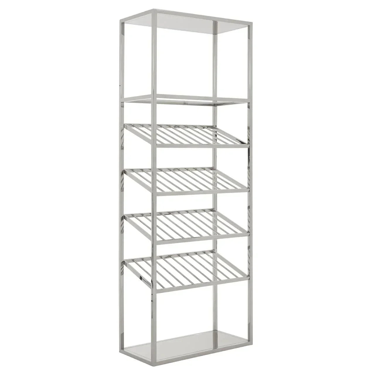 Tall chrome metal shelving unit with five open shelves for storage