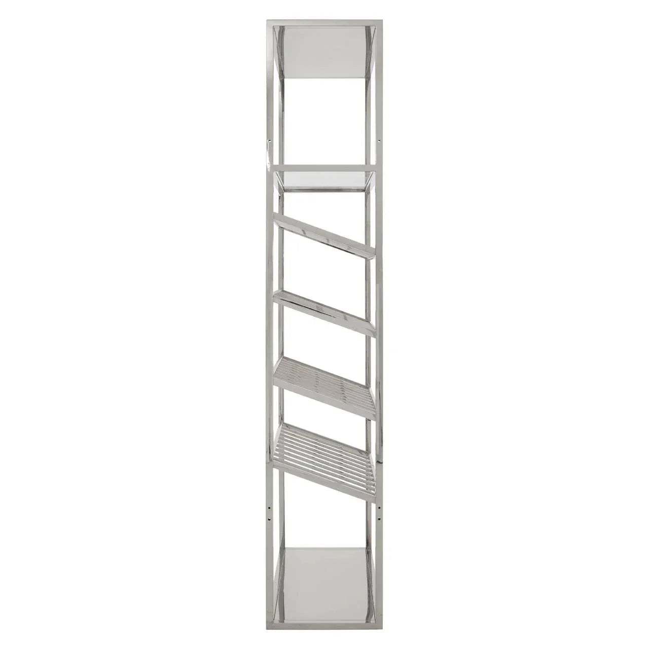 Modern metal shelving unit with open frame and angled shelves, front view