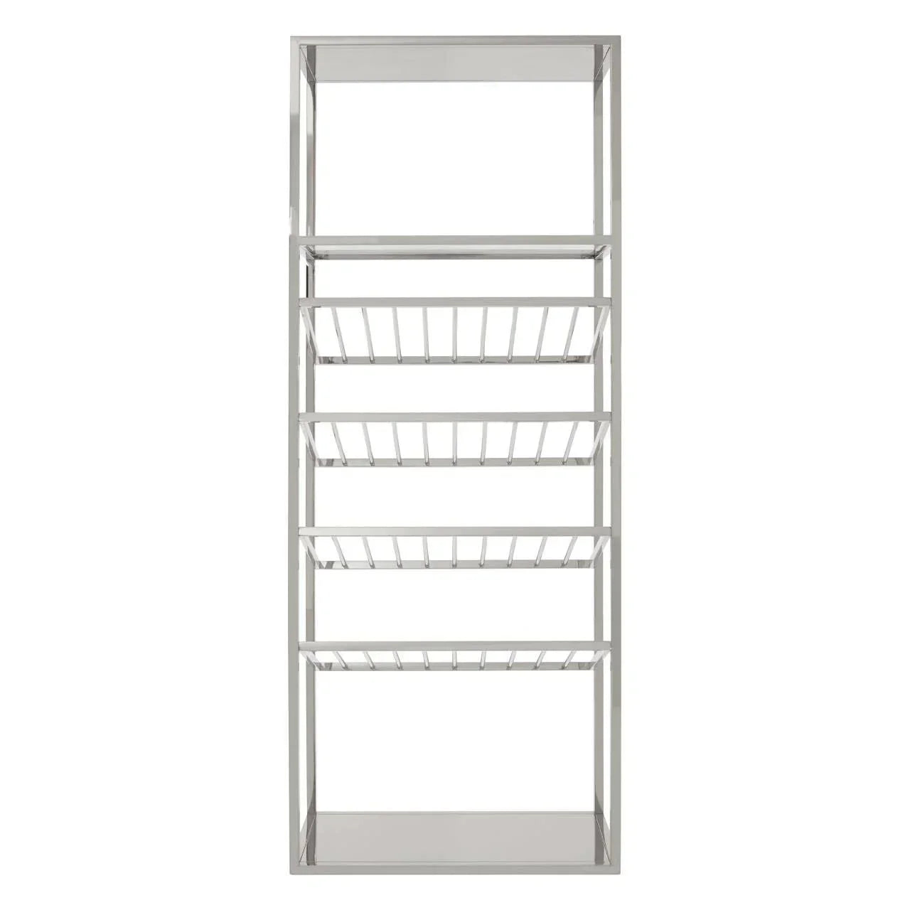 Chrome metal shelving unit with four wire storage baskets and open rectangular frame