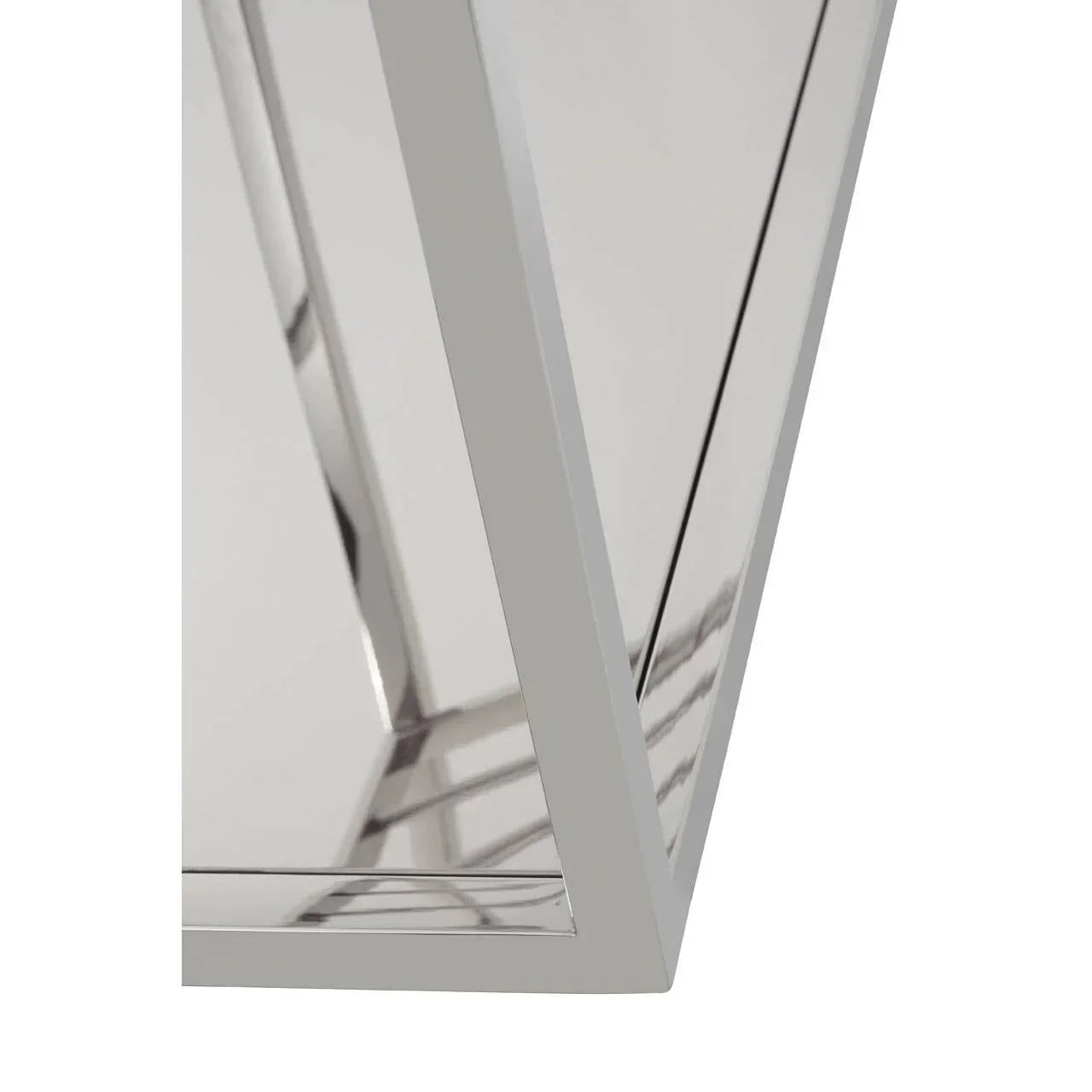 Close-up of chrome table leg with mirrored surface and clean modern lines