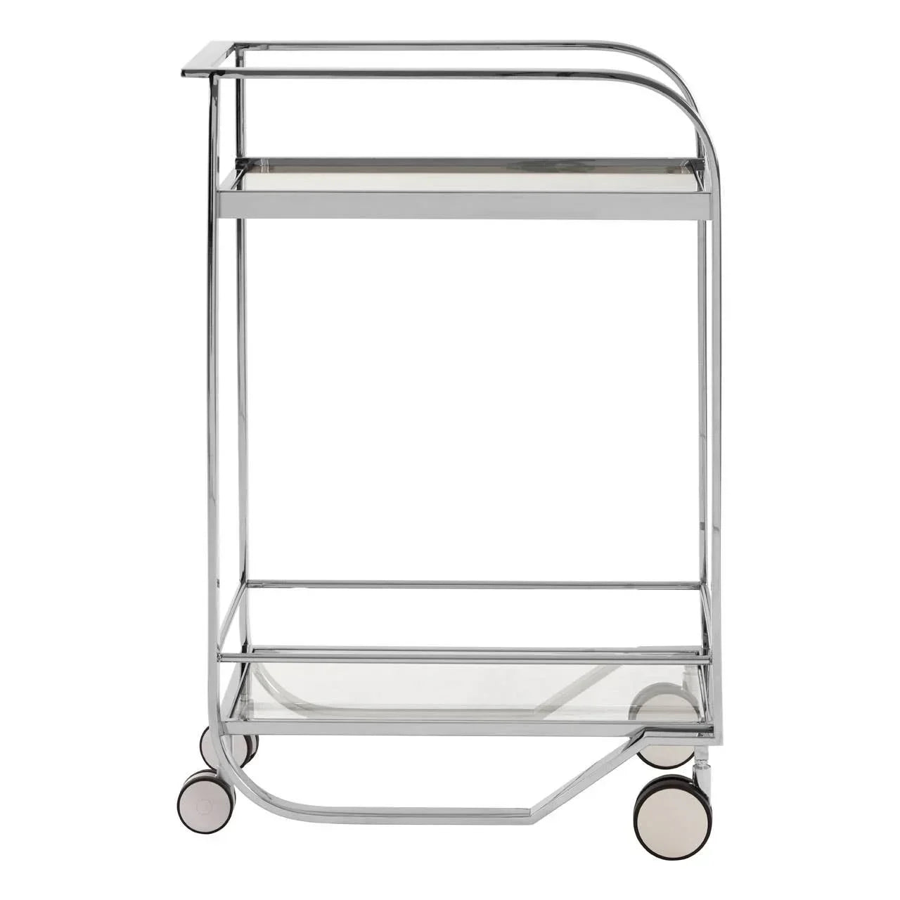 Chrome metal and glass drinks trolley with two shelves and caster wheels