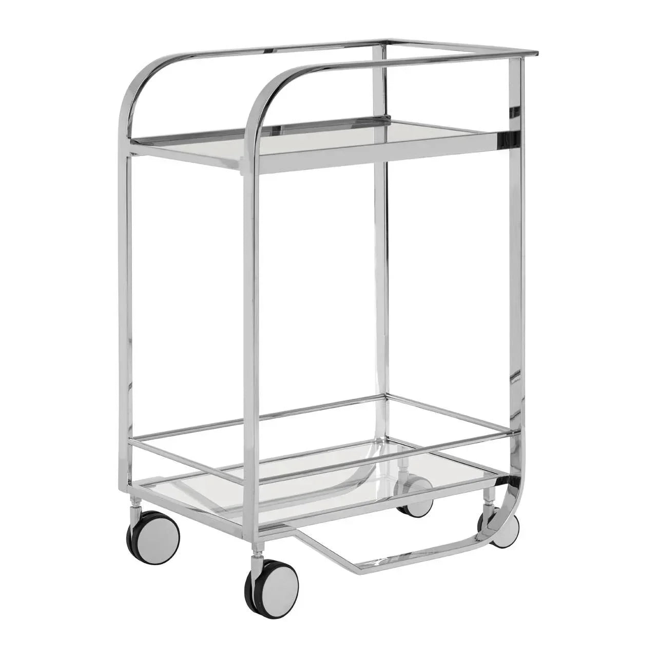 Chrome metal drinks trolley with glass shelves and four wheels