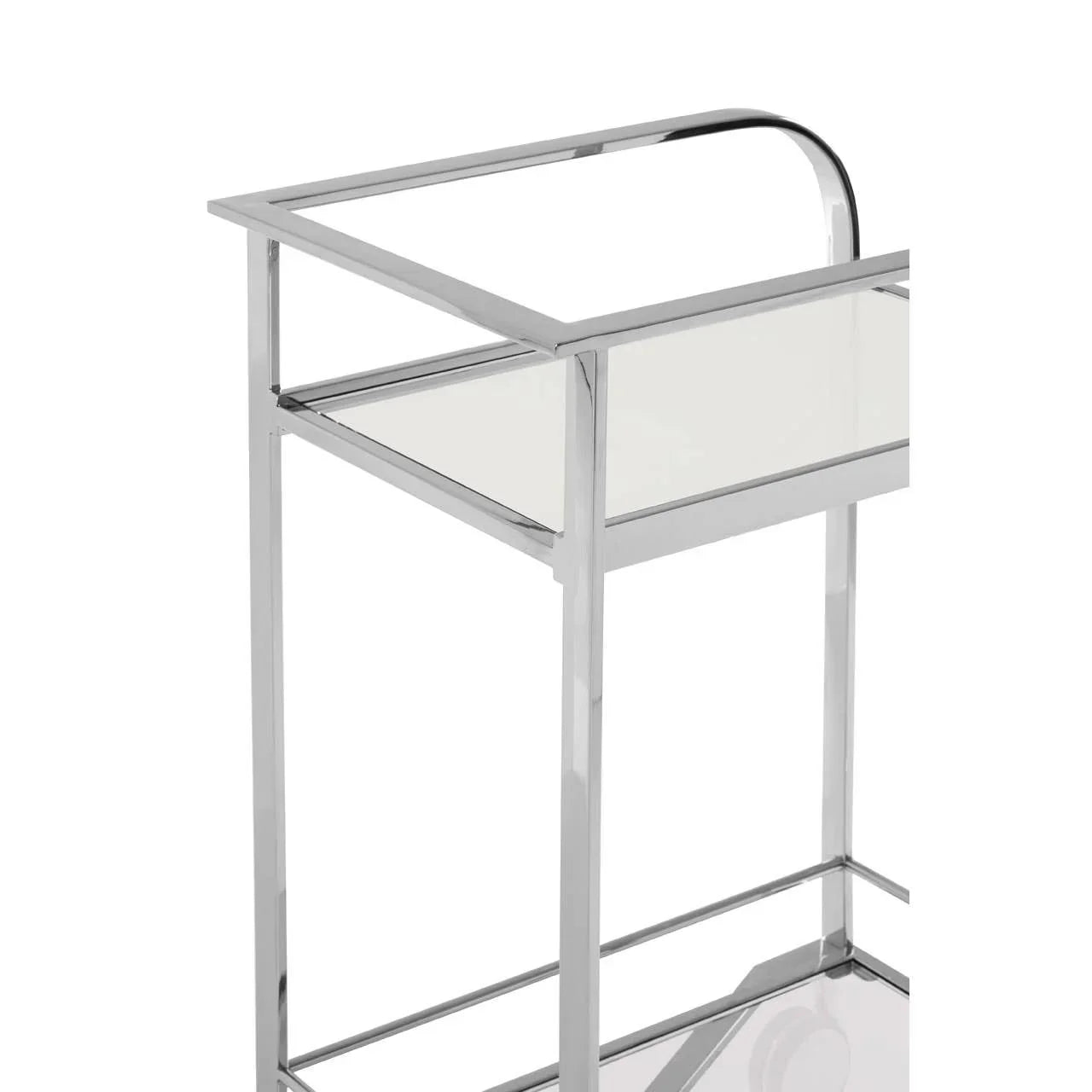 Chrome metal console table with clear glass top and modern frame, corner view
