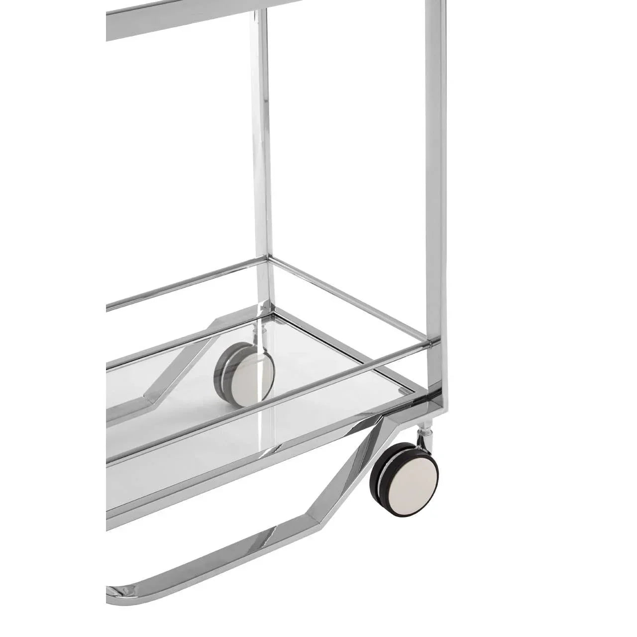 chrome and glass bar cart lower shelf with metal frame and round black caster wheels