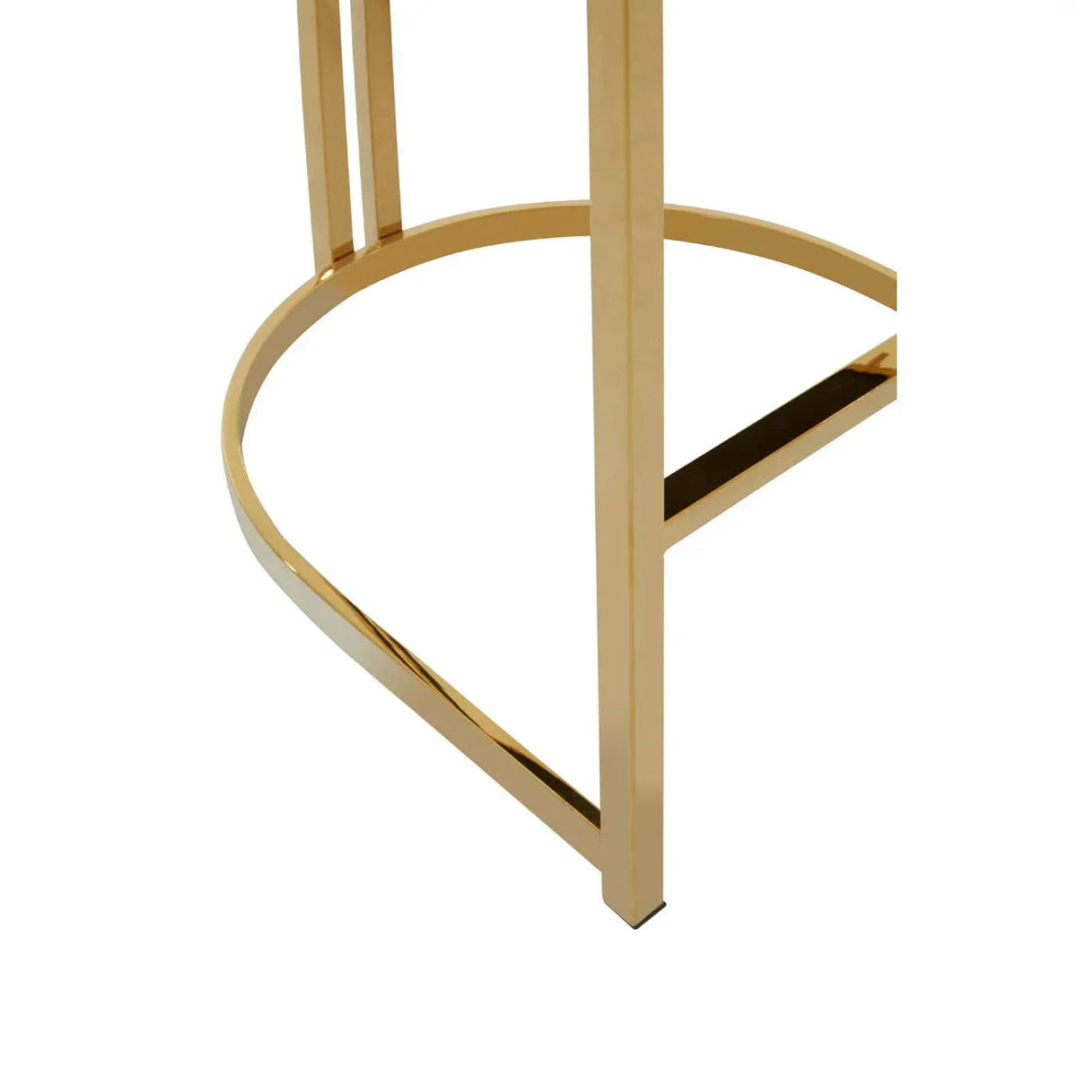 gold metal table base with curved frame and squared legs on white background