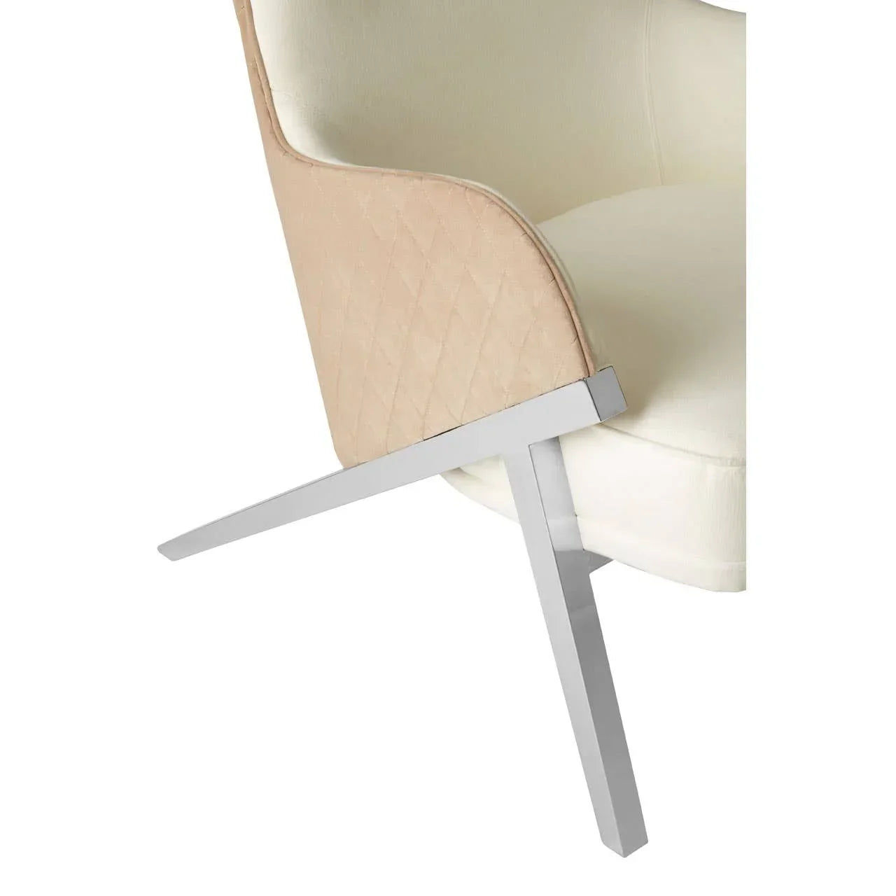 Cream dining chair with quilted backrest and chrome metal leg detail, side view