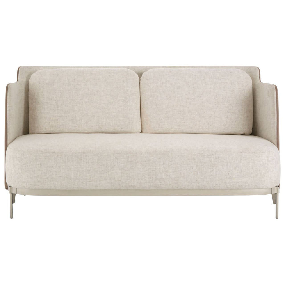 A two-seater sofa featuring a soft ivory fabric upholstery with a minimalist design, complemented by sleek mink-colored accents. The sofa has two plush back cushions and slender metal legs, creating a modern and elegant look suitable for various interior styles
