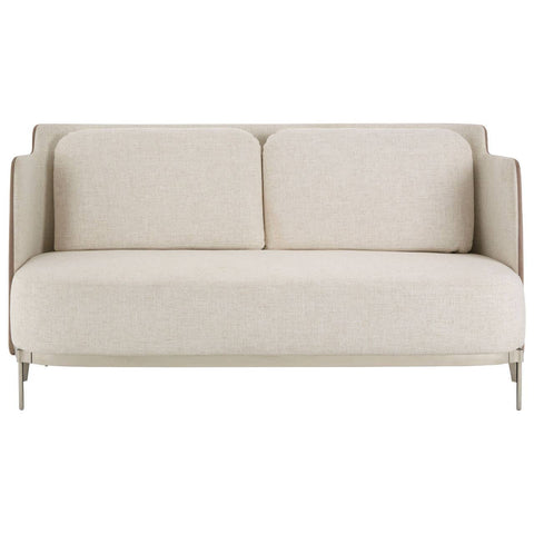 A two-seater sofa featuring a soft ivory fabric upholstery with a minimalist design, complemented by sleek mink-colored accents. The sofa has two plush back cushions and slender metal legs, creating a modern and elegant look suitable for various interior styles