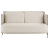 A two-seater sofa featuring a soft ivory fabric upholstery with a minimalist design, complemented by sleek mink-colored accents. The sofa has two plush back cushions and slender metal legs, creating a modern and elegant look suitable for various interior styles
